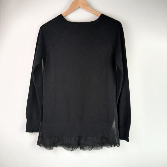 Garnet Hill SZ S Shirttail Cashmere Sweater Silk Lace Hem Trim Black - Picture 4 of 5